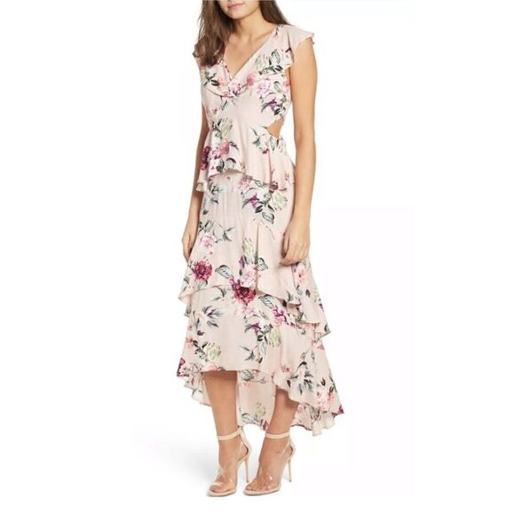 Leith pink Dress M Ruffle Tiered Floral Hi Lo Maxi Sleeveless Side Cuts Outs - Picture 1 of 9